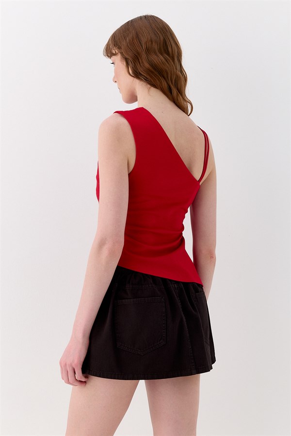 Drapeli Tek Omuz İnterlok Bluz Kırmızı