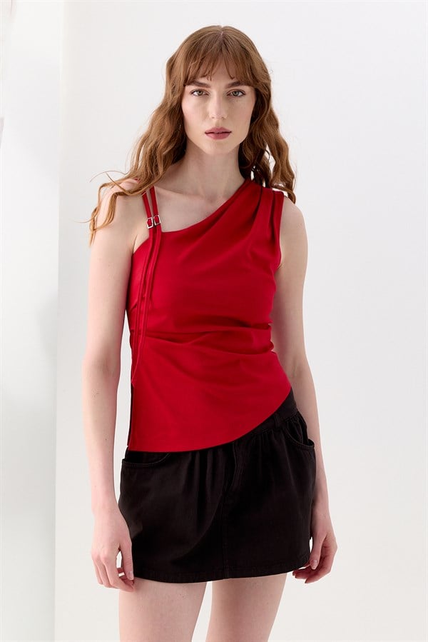 Drapeli Tek Omuz İnterlok Bluz Kırmızı