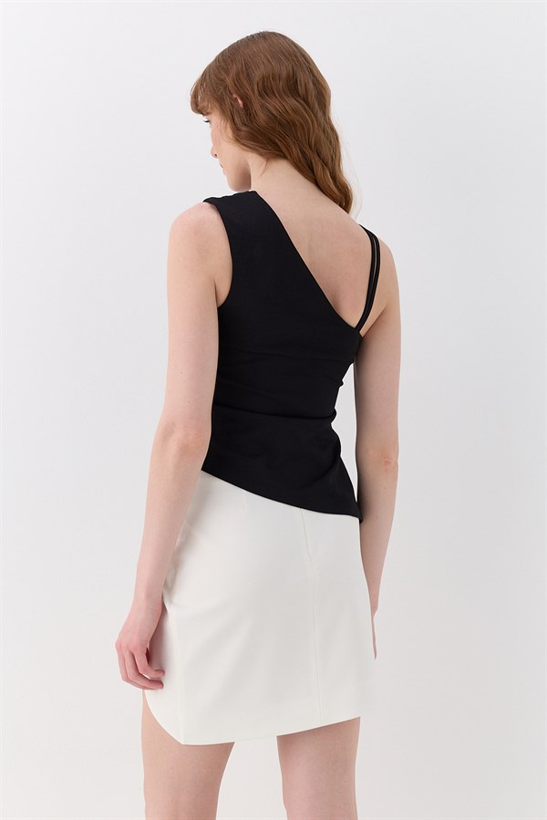 Drapeli Tek Omuz İnterlok Bluz Siyah