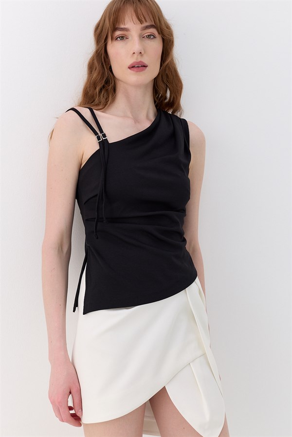 Drapeli Tek Omuz İnterlok Bluz Siyah