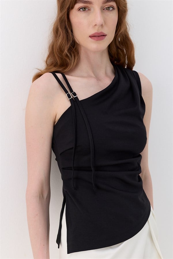 Drapeli Tek Omuz İnterlok Bluz Siyah