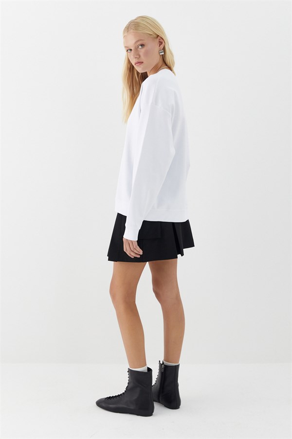 Düz Basic Bisiklet Yaka Sweatshirt Beyaz