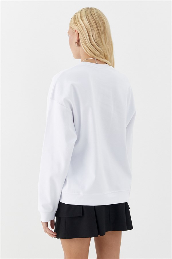 Düz Basic Bisiklet Yaka Sweatshirt Beyaz
