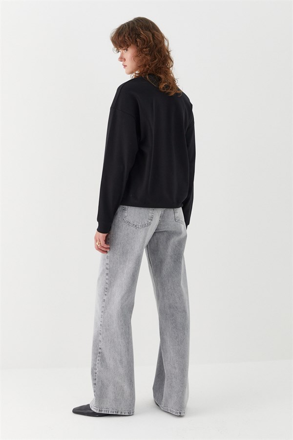 Düz Basic Bisiklet Yaka Sweatshirt Siyah