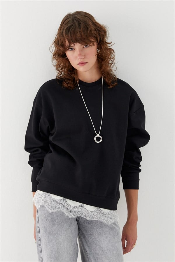 Düz Basic Bisiklet Yaka Sweatshirt Siyah