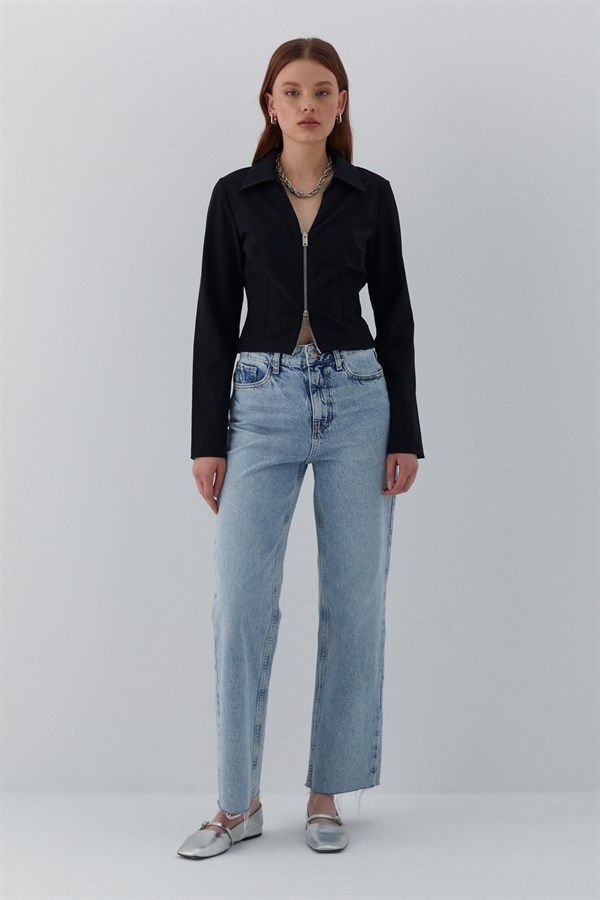 Fermuarlı V Yaka Gömlek Siyah