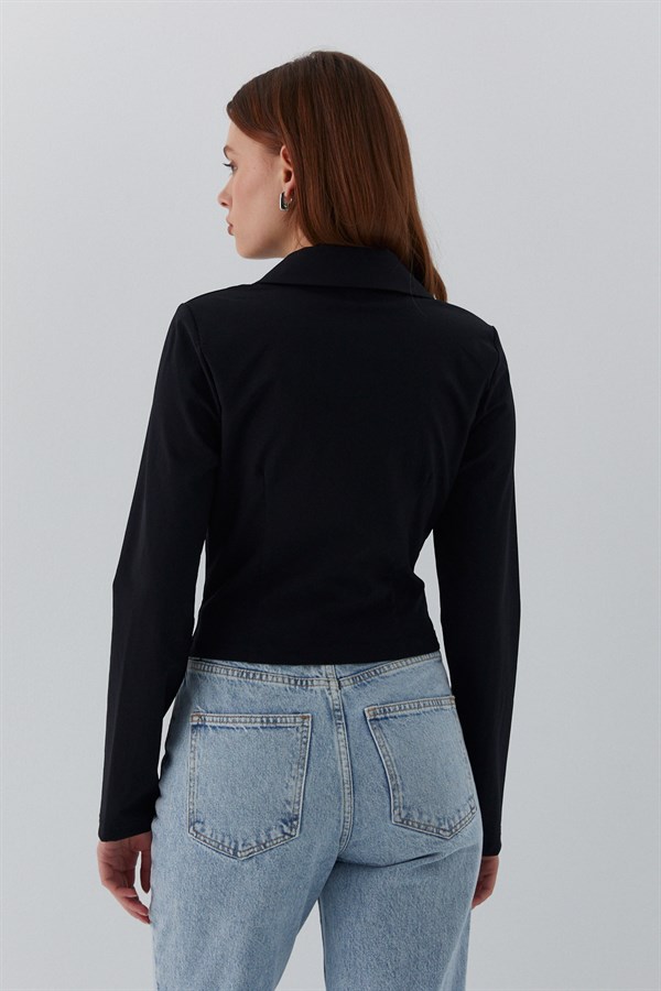 Fermuarlı V Yaka Gömlek Siyah