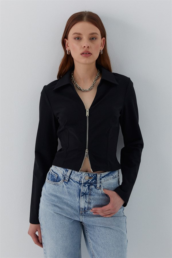 Fermuarlı V Yaka Gömlek Siyah