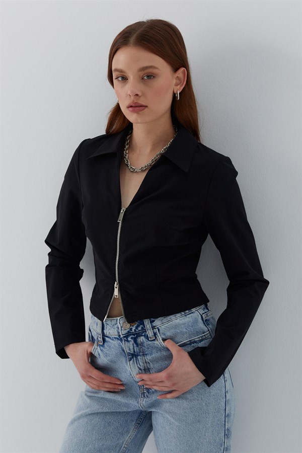 Fermuarlı V Yaka Gömlek Siyah