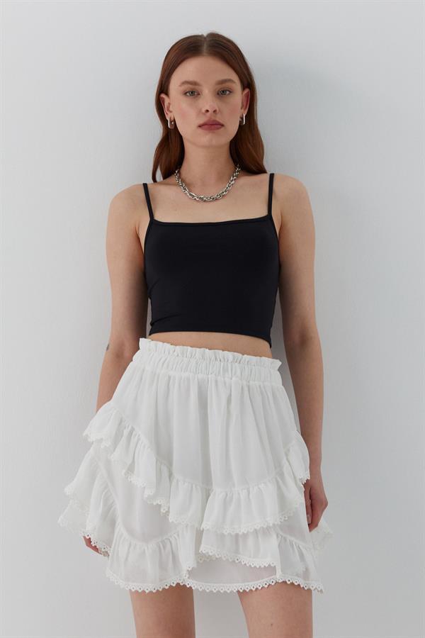 Fırfırlı Şortlu Mini Etek Ekru