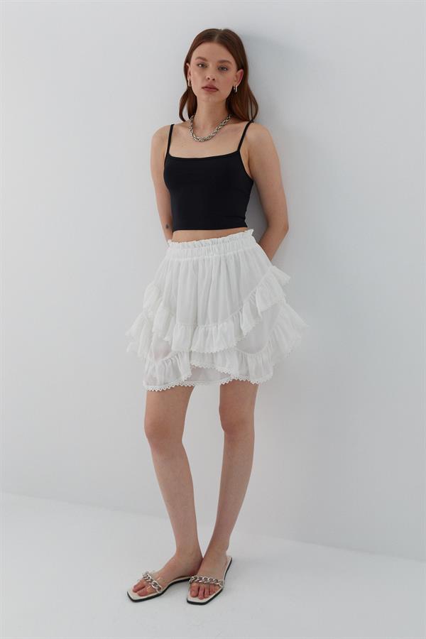 Fırfırlı Şortlu Mini Etek Ekru