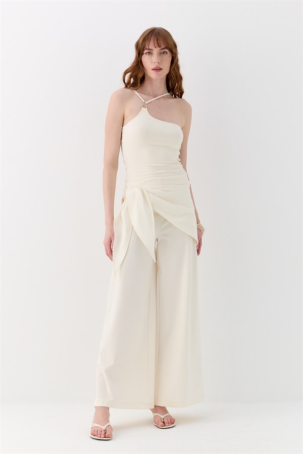 Fular Detaylı Tailored Fit Pantolon Ekru