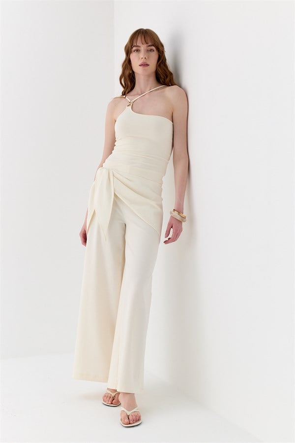 Fular Detaylı Tailored Fit Pantolon Ekru
