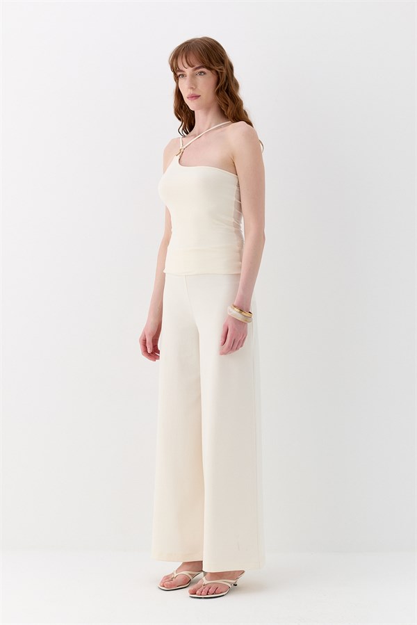 Fular Detaylı Tailored Fit Pantolon Ekru