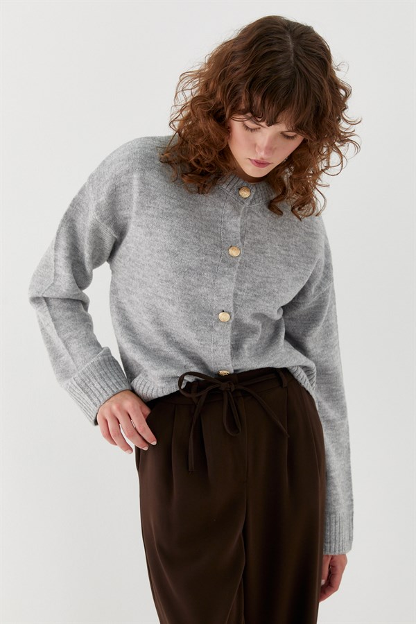 Gold Düğmeli Triko Hırka Gri