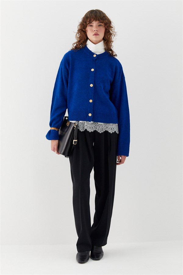 Gold Düğmeli Triko Hırka Saks Mavisi