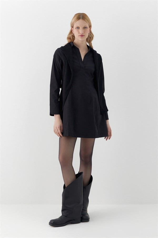 Gömlek Yaka Mini Boy Elbise Siyah