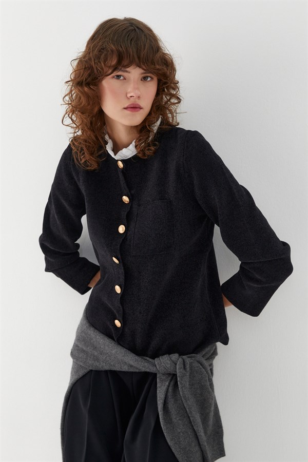 Gömlek Yaka Tek Cepli Hırka Siyah