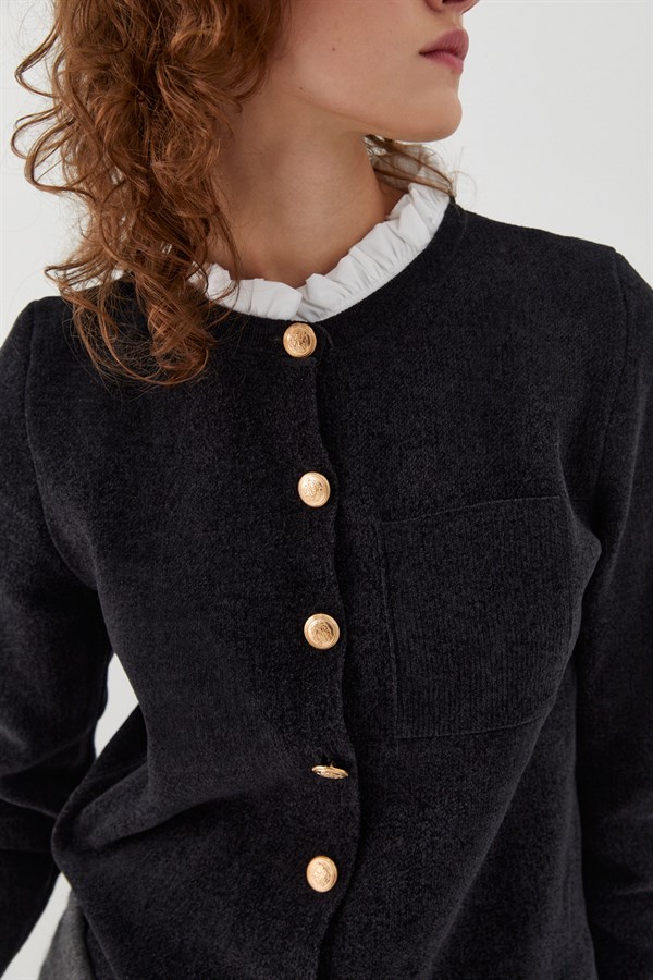 Gömlek Yaka Tek Cepli Hırka Siyah