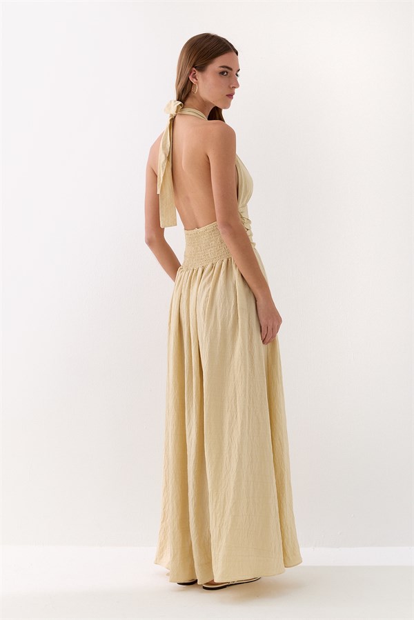 Halter Yaka Drapeli Elbise Bej