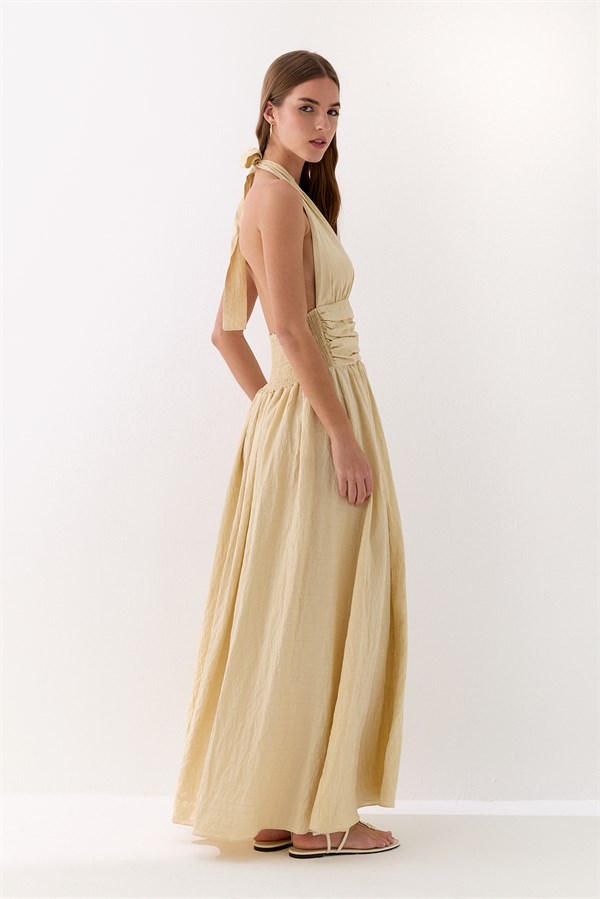Halter Yaka Drapeli Elbise Bej