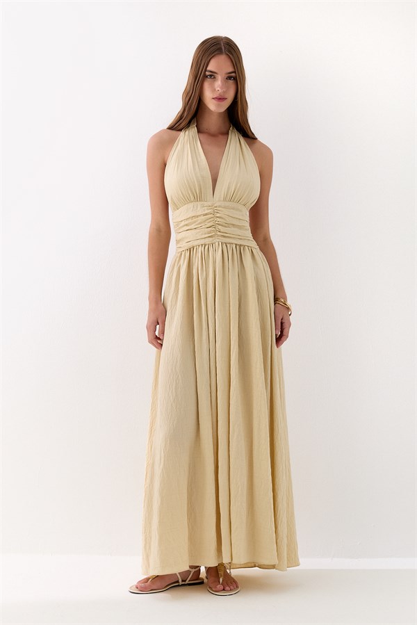 Halter Yaka Drapeli Elbise Bej