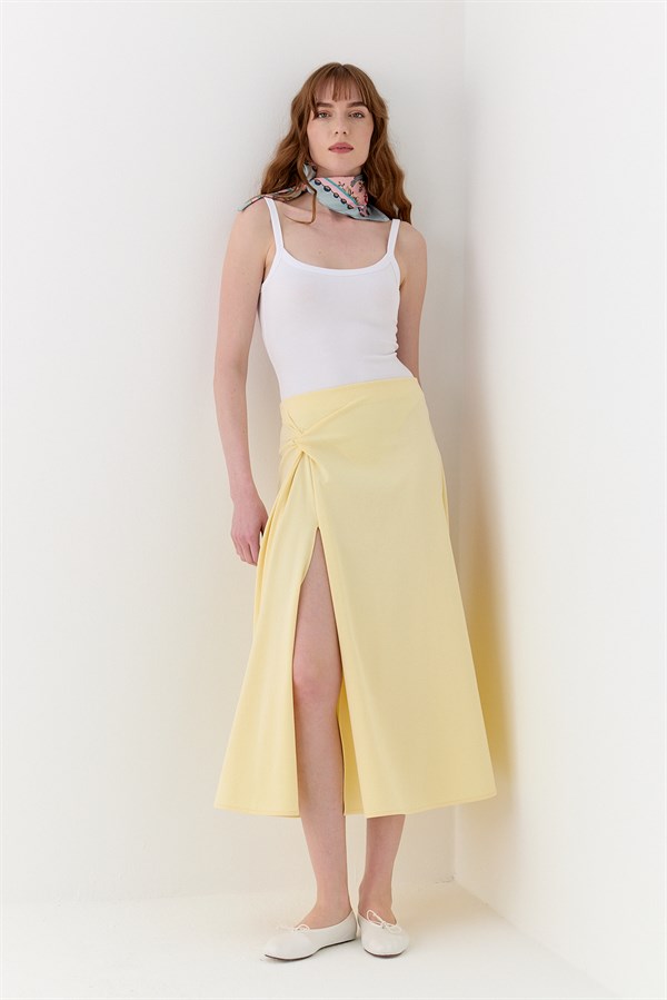 İnterlok Yırtmaçlı Midi Etek Sarı