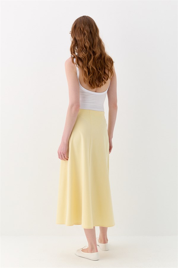 İnterlok Yırtmaçlı Midi Etek Sarı