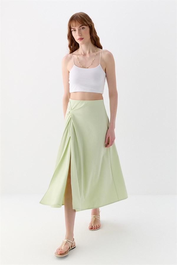 İnterlok Yırtmaçlı Midi Etek Yeşil