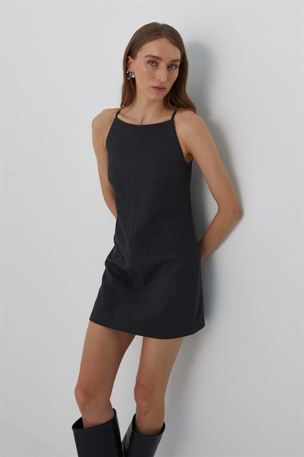 İp Askılı Mini Elbise Antrasit