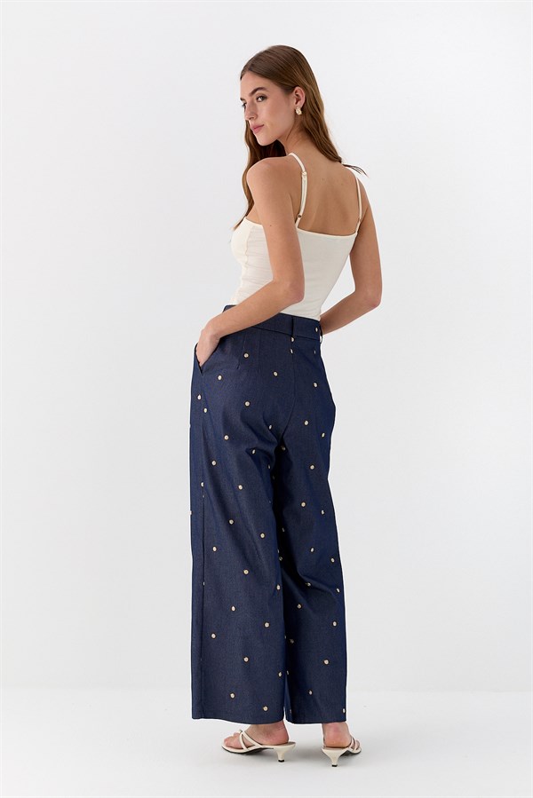 İşlemeli Denim Görünümlü Pantolon Lacivert