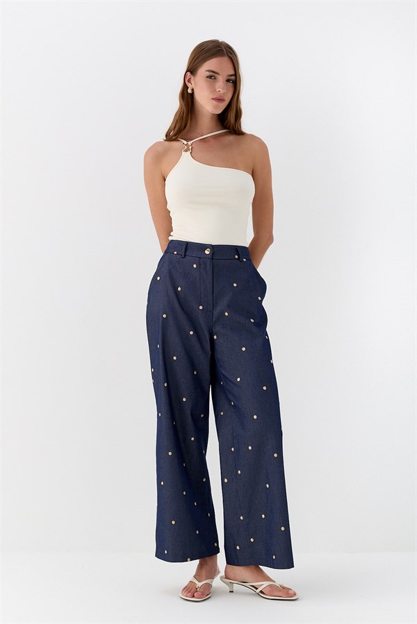 İşlemeli Denim Görünümlü Pantolon Lacivert