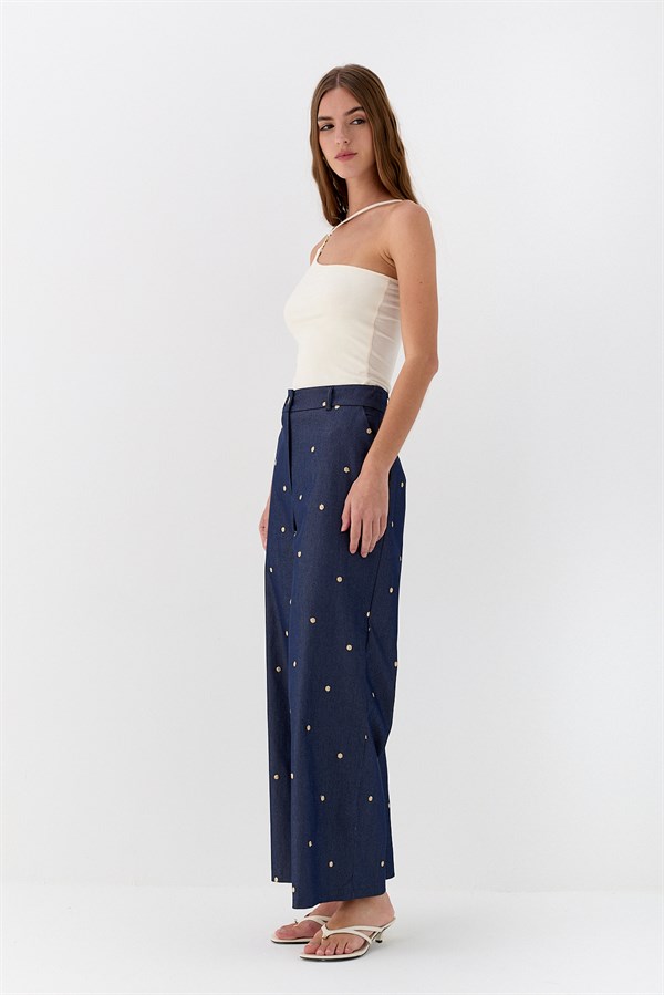 İşlemeli Denim Görünümlü Pantolon Lacivert