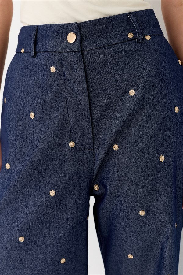 İşlemeli Denim Görünümlü Pantolon Lacivert