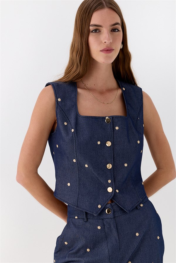 İşlemeli Denim Görünümlü Yelek Lacivert