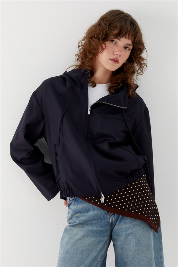 Kapüşonlu Fermuarlı Ceket Lacivert