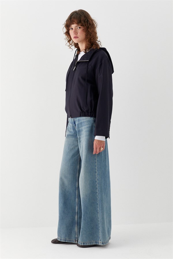 Kapüşonlu Fermuarlı Ceket Lacivert