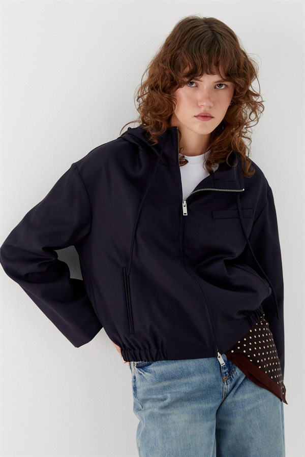 Kapüşonlu Fermuarlı Ceket Lacivert