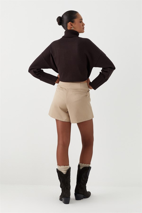 Kemer Detaylı Şort Etek Vizon