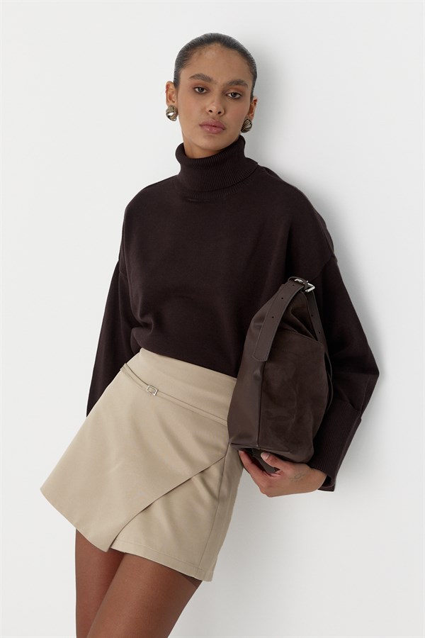 Kemer Detaylı Şort Etek Vizon