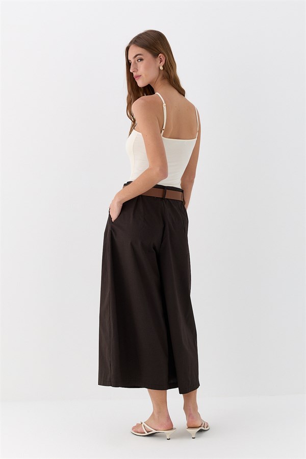 Kemerli Bol Paça Pantolon Kahverengi