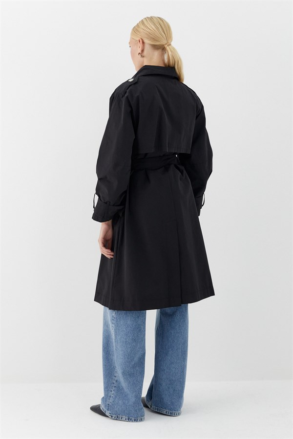 Kemerli Cepli Trençkot Siyah