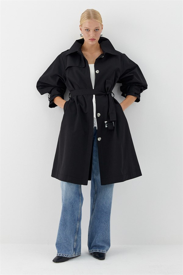 Kemerli Cepli Trençkot Siyah