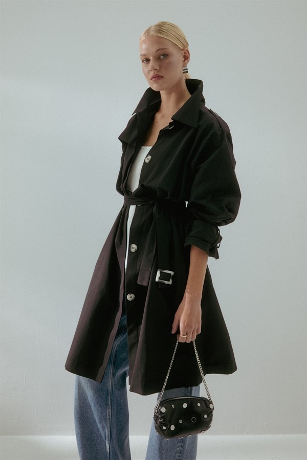 Kemerli Cepli Trençkot Siyah