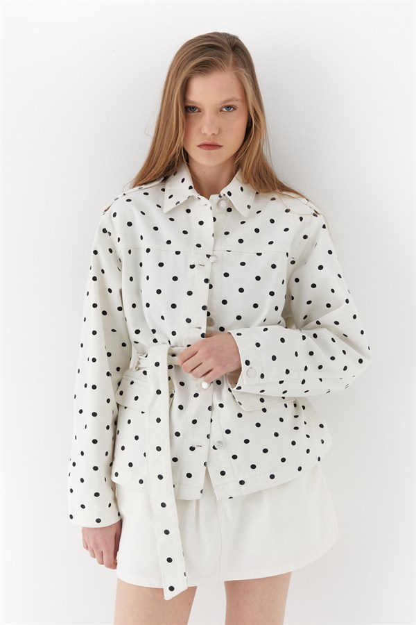 Kemerli Puantiyeli Oversize Ceket Beyaz