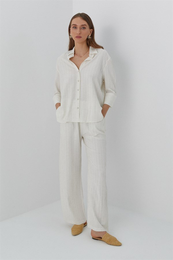 Keten Görünümlü Pantolon Ekru