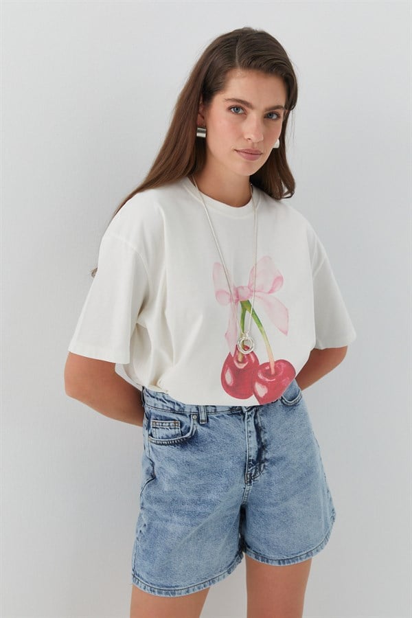 Kiraz Desenli T-Shirt Ekru