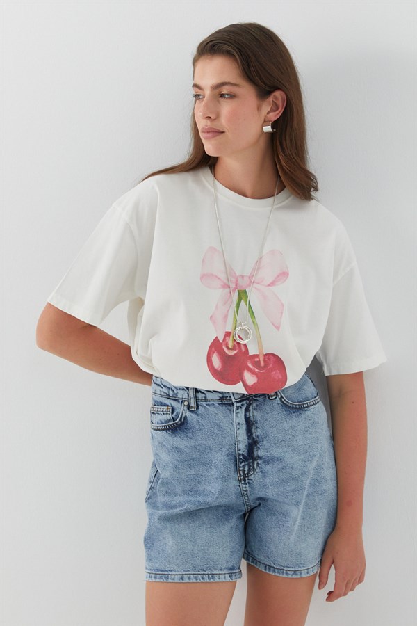 Kiraz Desenli T-Shirt Ekru