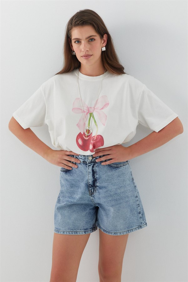 Kiraz Desenli T-Shirt Ekru