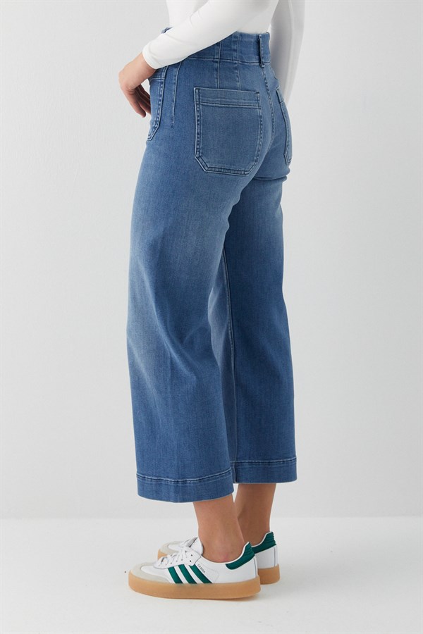Kısa İspanyol Paça Kot Pantolon Mavi